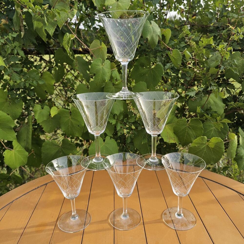 Vintage Gistl Kristal Frauneau Criss Crossed Etched Wine Glasses - Set of 6